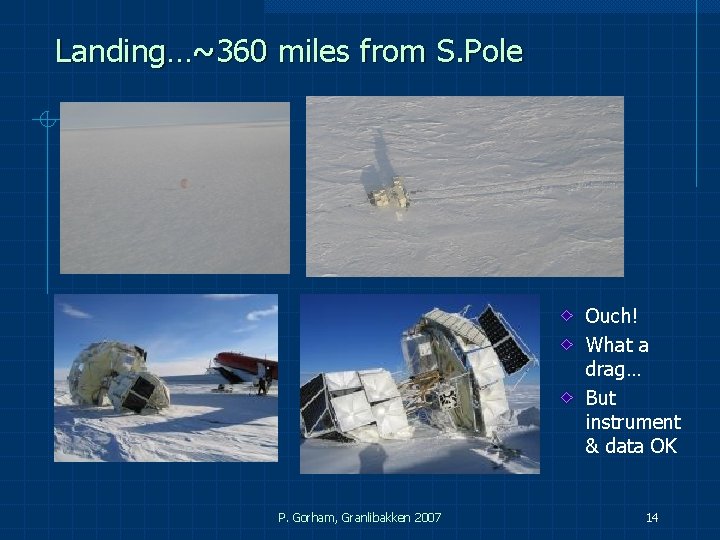 Landing…~360 miles from S. Pole Ouch! What a drag… But instrument & data OK Landing…~360 miles from S. Pole Ouch! What a drag… But instrument & data OK
