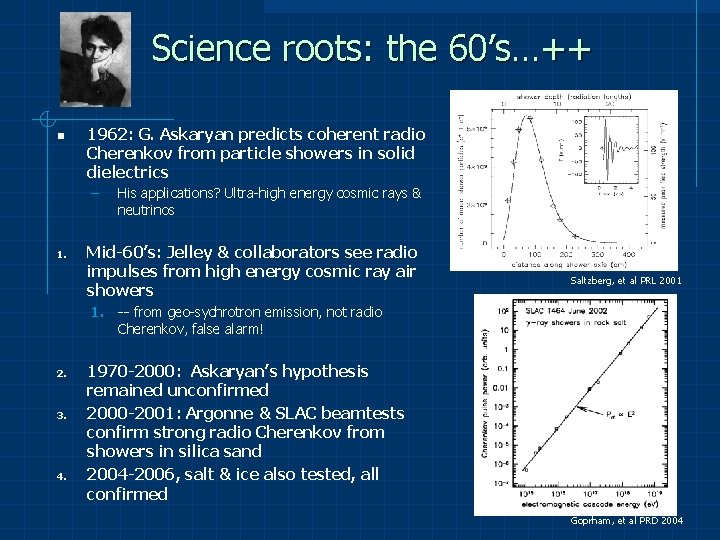 Science roots: the 60’s…++ n 1962: G. Askaryan predicts coherent radio Cherenkov from particle Science roots: the 60’s…++ n 1962: G. Askaryan predicts coherent radio Cherenkov from particle