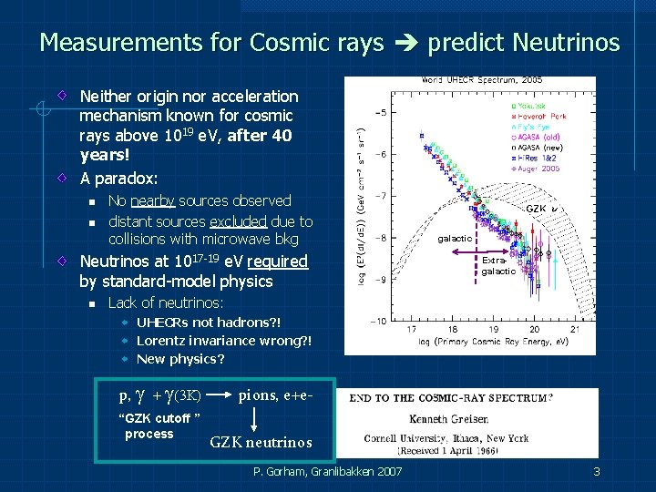 Measurements for Cosmic rays predict Neutrinos Neither origin nor acceleration mechanism known for cosmic Measurements for Cosmic rays predict Neutrinos Neither origin nor acceleration mechanism known for cosmic