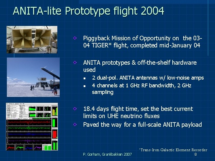 ANITA-lite Prototype flight 2004 Piggyback Mission of Opportunity on the 0304 TIGER* flight, completed ANITA-lite Prototype flight 2004 Piggyback Mission of Opportunity on the 0304 TIGER* flight, completed