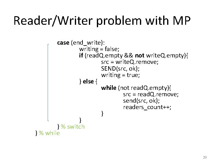 Reader/Writer problem with MP case (end_write): writing = false; if (read. Q. empty &&