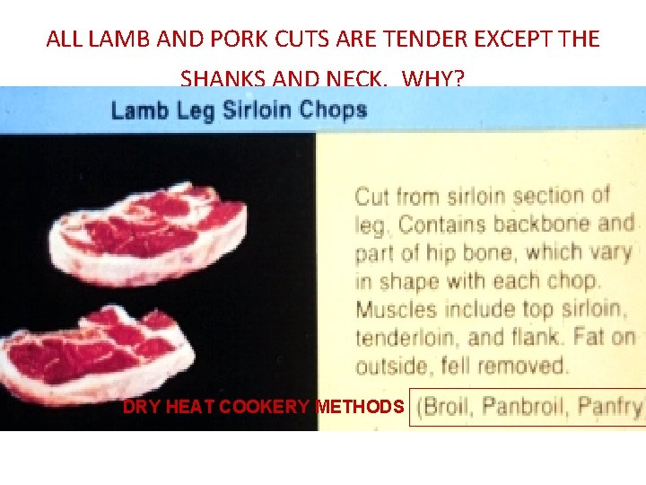 ALL LAMB AND PORK CUTS ARE TENDER EXCEPT THE SHANKS AND NECK. WHY? DRY