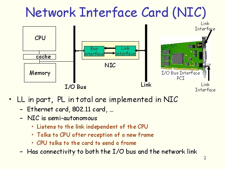 Network Interface Card (NIC) Link Interface CPU cache Link interface Bus interface NIC Memory Network Interface Card (NIC) Link Interface CPU cache Link interface Bus interface NIC Memory