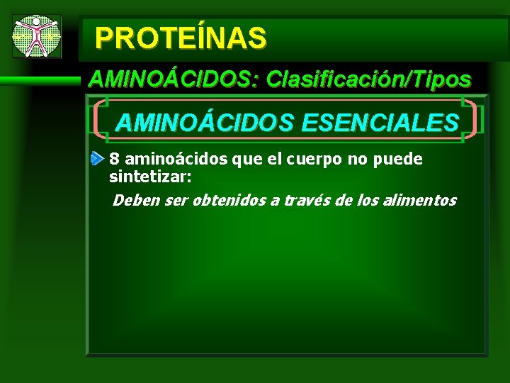 PROTEÍNAS AMINOÁCIDOS: Clasificación/Tipos AMINOÁCIDOS ESENCIALES 8 aminoácidos que el cuerpo no puede sintetizar: Deben