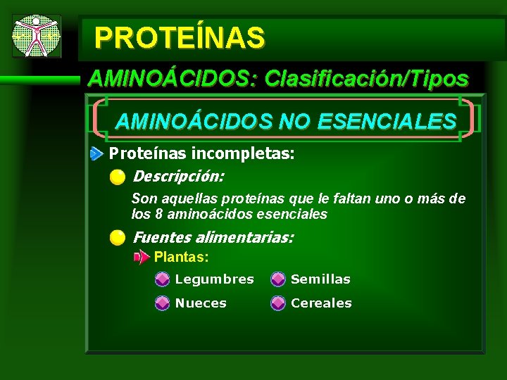 PROTEÍNAS AMINOÁCIDOS: Clasificación/Tipos AMINOÁCIDOS NO ESENCIALES Proteínas incompletas: Descripción: Son aquellas proteínas que le