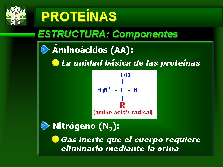 PROTEÍNAS ESTRUCTURA: Componentes Áminoácidos (AA): La unidad básica de las proteínas Nitrógeno (N 2):