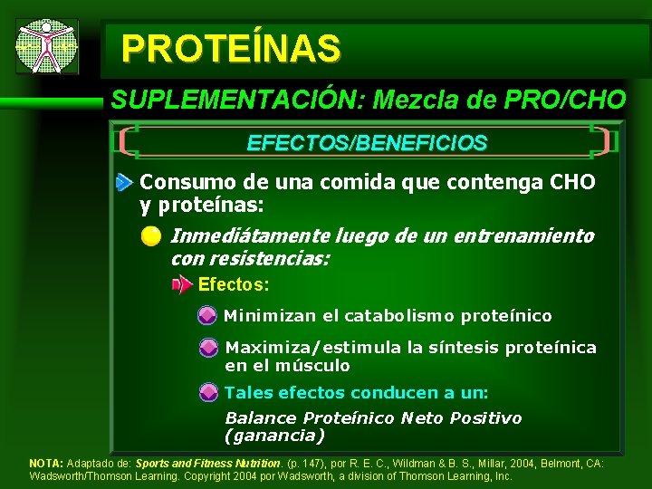 PROTEÍNAS SUPLEMENTACIÓN: Mezcla de PRO/CHO EFECTOS/BENEFICIOS Consumo de una comida que contenga CHO y