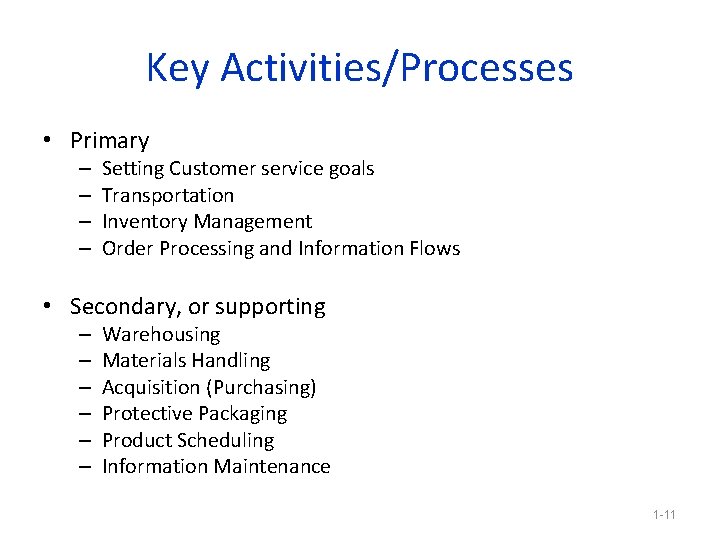 Key Activities/Processes • Primary – – Setting Customer service goals Transportation Inventory Management Order