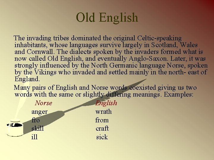 Old English The invading tribes dominated the original Celtic-speaking inhabitants, whose languages survive largely