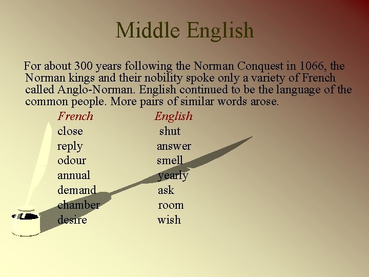 Middle English For about 300 years following the Norman Conquest in 1066, the Norman