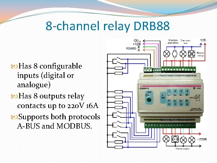 8 -channel relay DRB 88 Has 8 configurable inputs (digital or analogue) Has 8