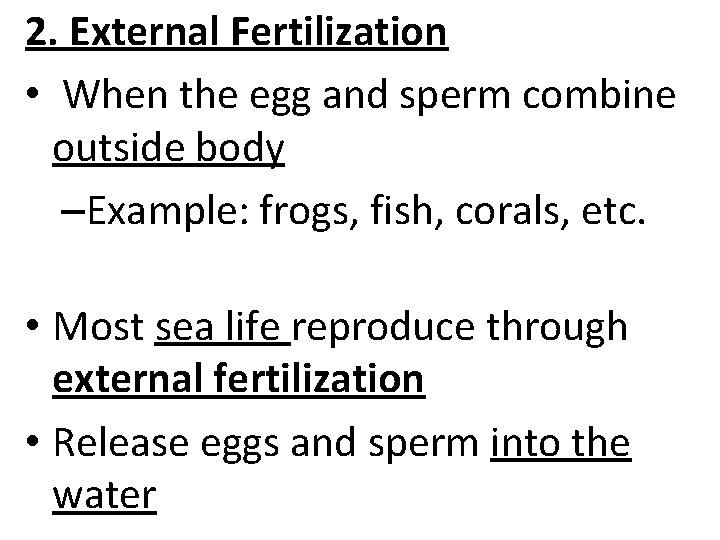 2. External Fertilization • When the egg and sperm combine outside body –Example: frogs,