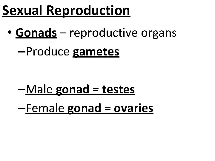 Sexual Reproduction • Gonads – reproductive organs –Produce gametes –Male gonad = testes –Female
