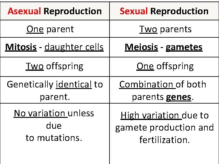 Asexual Reproduction One parent Sexual Reproduction Two parents Mitosis - daughter cells Meiosis -