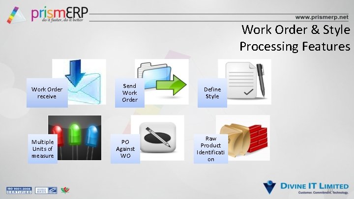 Work Order & Style Processing Features Work Order receive Multiple Units of measure Send