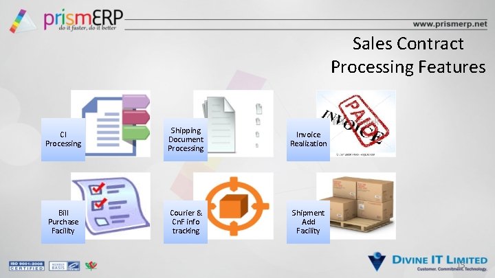 Sales Contract Processing Features CI Processing Shipping Document Processing Invoice Realization Bill Purchase Facility