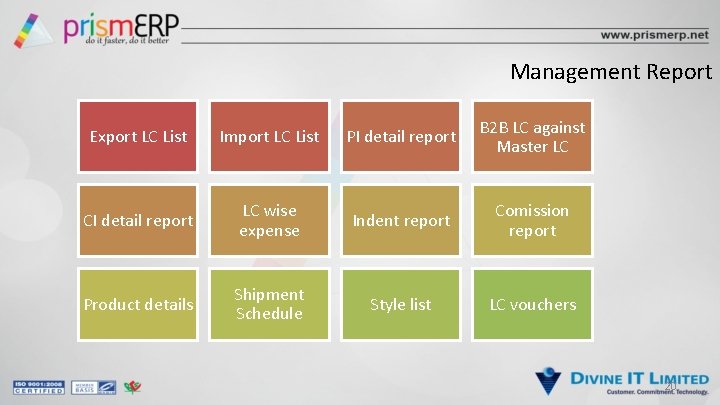 Management Report Export LC List Import LC List PI detail report B 2 B