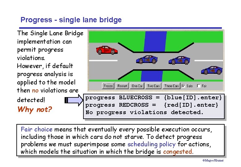 Progress - single lane bridge The Single Lane Bridge implementation can permit progress violations.