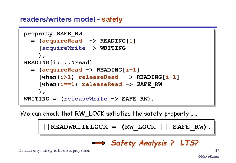 readers/writers model - safety property SAFE_RW = (acquire. Read -> READING[1] |acquire. Write ->