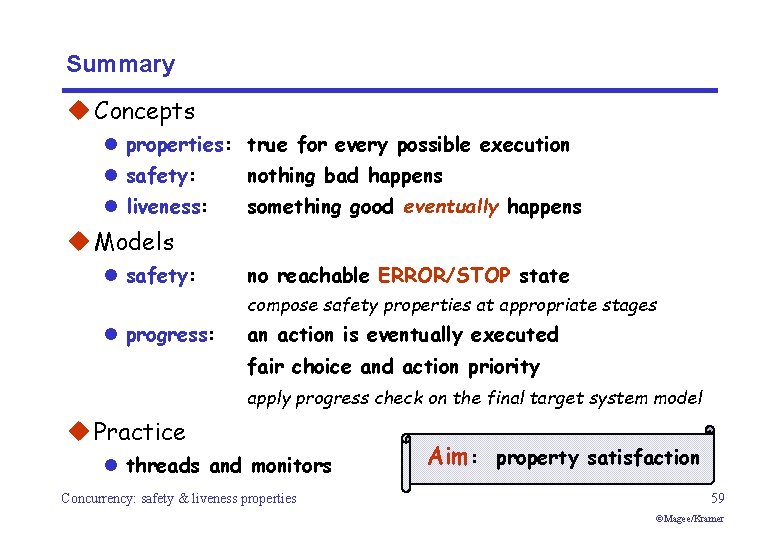 Summary u Concepts l properties: true for every possible execution l safety: nothing bad