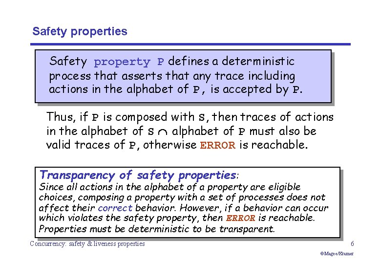 Safety properties Safety property P defines a deterministic process that asserts that any trace