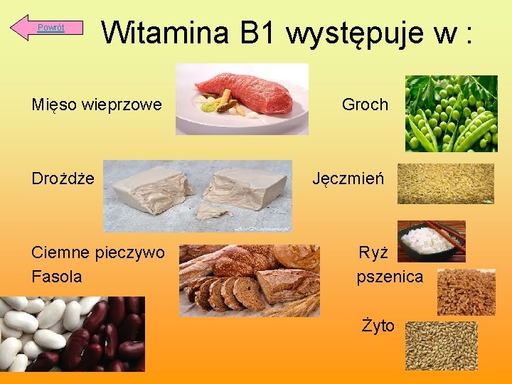  Witamina B 1 występuje w : Powrót Mięso wieprzowe Groch Drożdże Jęczmień Ciemne