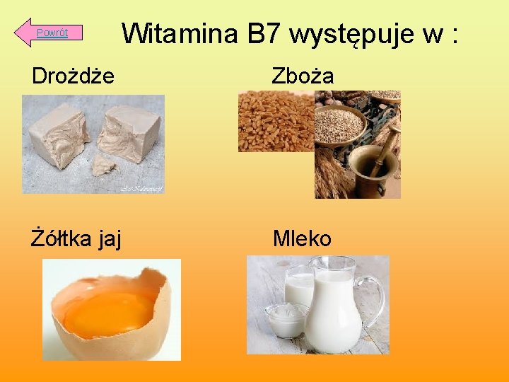  Witamina B 7 występuje w : Powrót Drożdże Zboża Żółtka jaj Mleko 