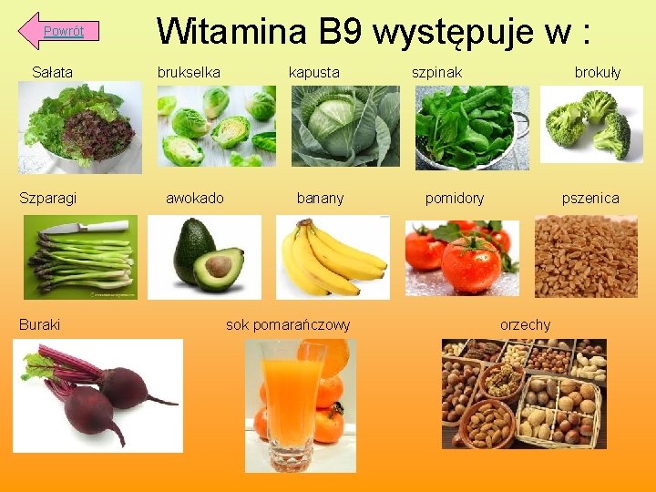  Witamina B 9 występuje w : Powrót Sałata brukselka kapusta szpinak brokuły Szparagi