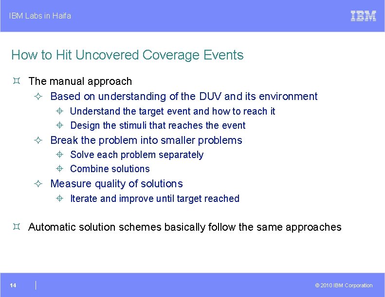 IBM Labs in Haifa How to Hit Uncovered Coverage Events ³ The manual approach