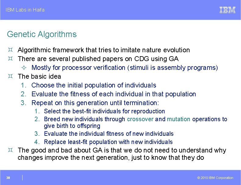IBM Labs in Haifa Genetic Algorithms ³ Algorithmic framework that tries to imitate nature