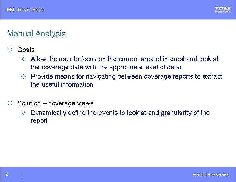 IBM Labs in Haifa Manual Analysis ³ Goals ² Allow the user to focus