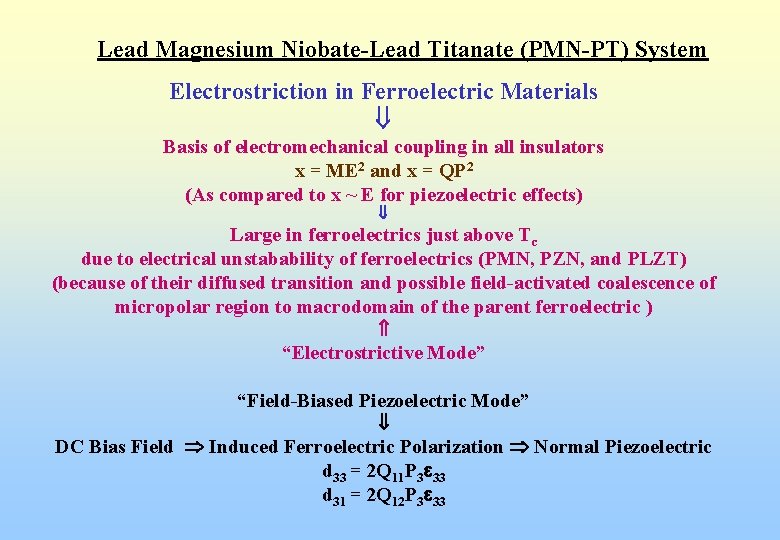 Lead Magnesium Niobate-Lead Titanate (PMN-PT) System Electrostriction in Ferroelectric Materials Basis of electromechanical coupling