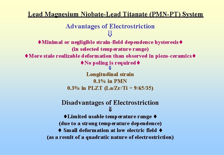Lead Magnesium Niobate-Lead Titanate (PMN-PT) System Advantages of Electrostriction Minimal or negligible strain-field dependence