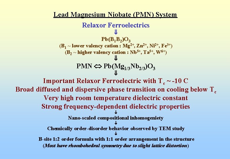 Lead Magnesium Niobate (PMN) System Relaxor Ferroelectrics Pb(B 1 B 2)O 3 (B 1