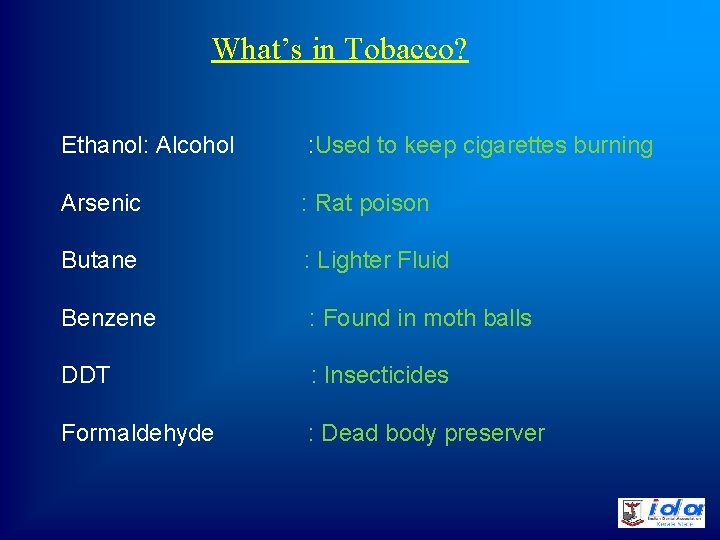 What’s in Tobacco? Ethanol: Alcohol : Used to keep cigarettes burning Arsenic : Rat