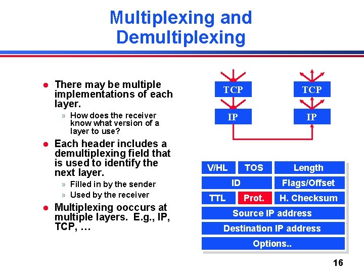 Multiplexing and Demultiplexing l There may be multiple implementations of each layer. TCP IP