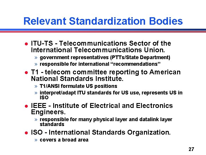 Relevant Standardization Bodies l ITU-TS - Telecommunications Sector of the International Telecommunications Union. »