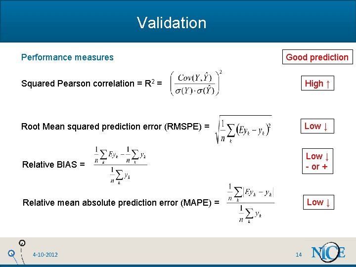 Validation Performance measures Good prediction Squared Pearson correlation = R 2 = High ↑