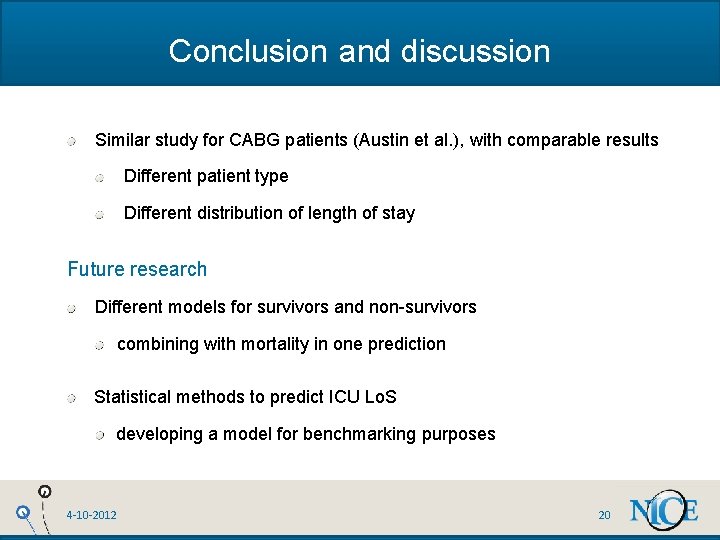 Conclusion and discussion Similar study for CABG patients (Austin et al. ), with comparable