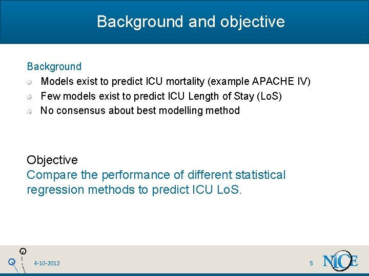 Background and objective Background Models exist to predict ICU mortality (example APACHE IV) Few