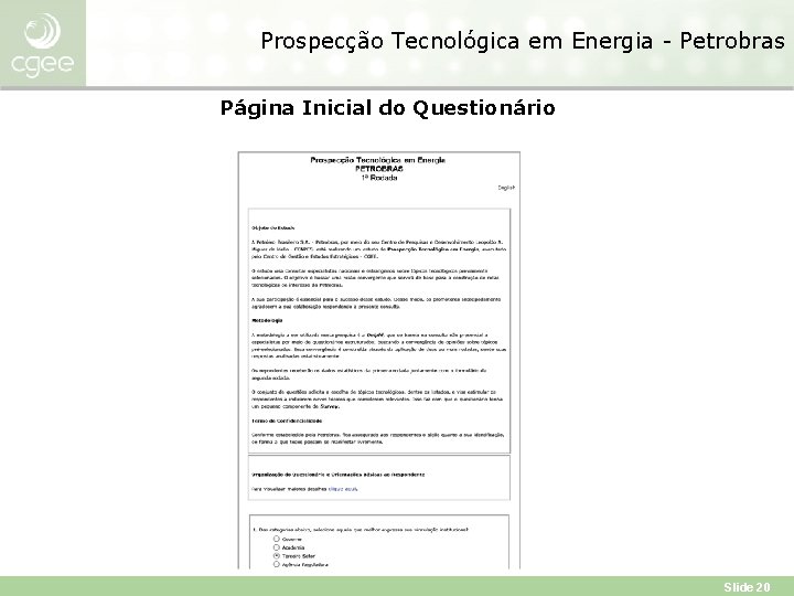 Prospecção Tecnológica em Energia - Petrobras Página Inicial do Questionário Slide 20 