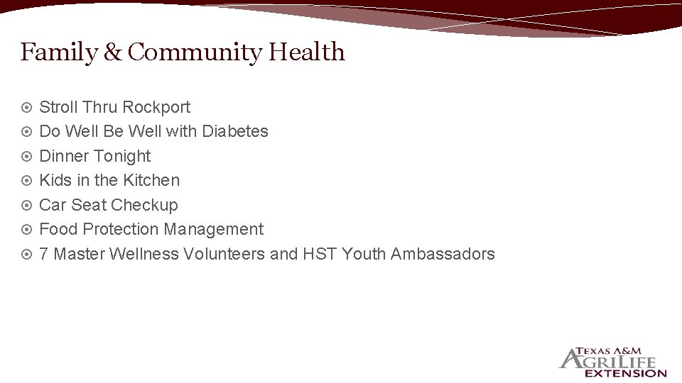 Family & Community Health Stroll Thru Rockport Do Well Be Well with Diabetes Dinner