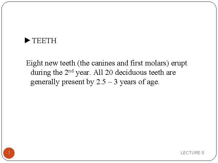 ►TEETH Eight new teeth (the canines and first molars) erupt during the 2 nd