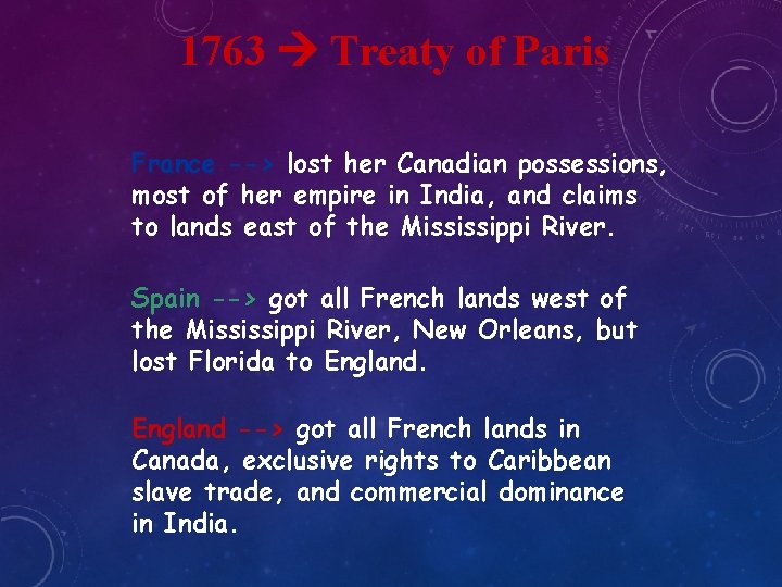 1763 Treaty of Paris France --> lost her Canadian possessions, most of her empire 1763 Treaty of Paris France --> lost her Canadian possessions, most of her empire