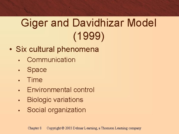 Giger and Davidhizar Model (1999) • Six cultural phenomena § § § Communication Space