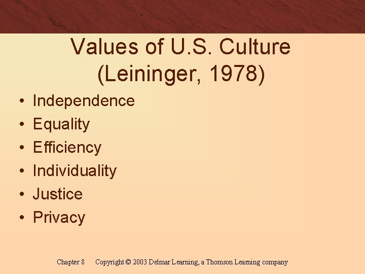 Values of U. S. Culture (Leininger, 1978) • • • Independence Equality Efficiency Individuality