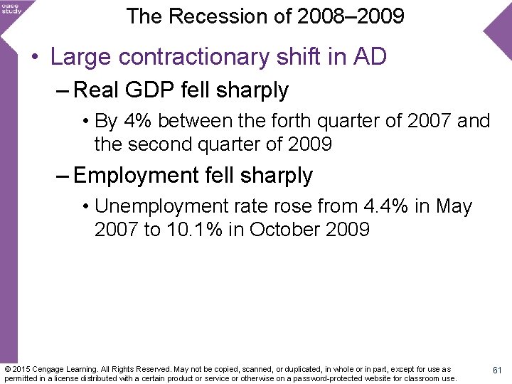 The Recession of 2008– 2009 • Large contractionary shift in AD – Real GDP