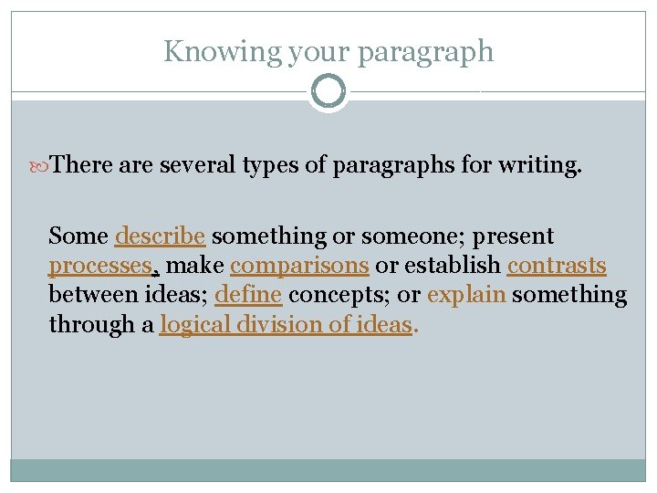 Knowing your paragraph There are several types of paragraphs for writing. Some describe something