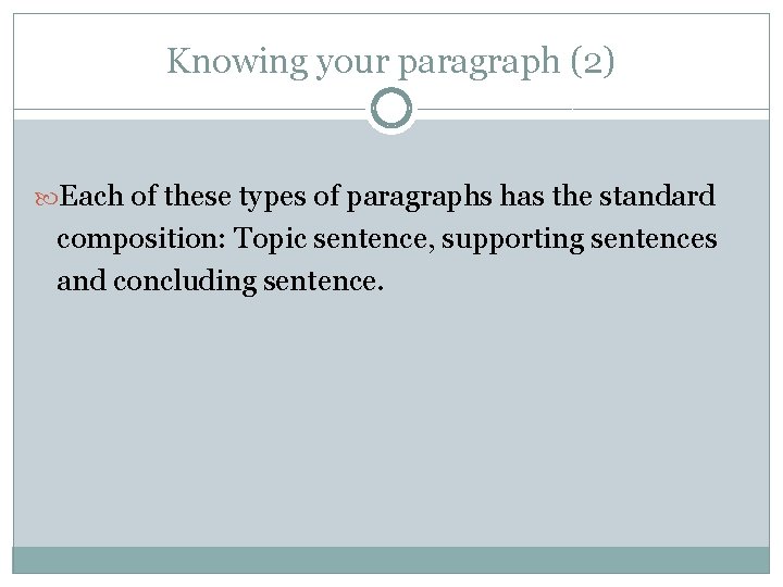 Knowing your paragraph (2) Each of these types of paragraphs has the standard composition: