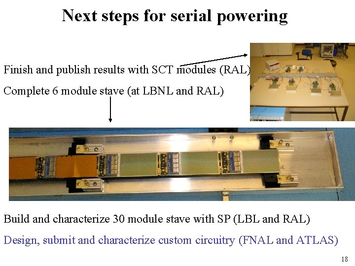 Next steps for serial powering Finish and publish results with SCT modules (RAL) Complete